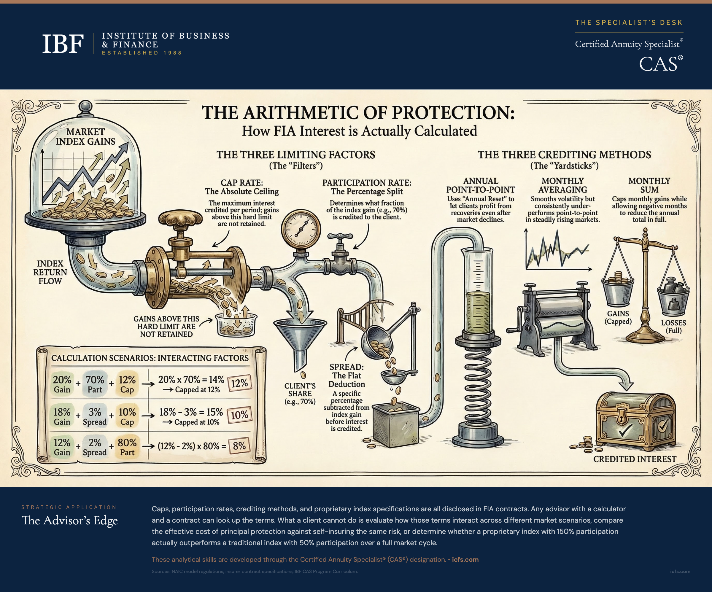 Infographic showing FIA crediting mechanics: three limiting factors (cap rate, participation rate, spread) that reduce credited interest, three crediting methods (annual point-to-point, monthly averaging, monthly sum) that determine how index gains are measured, a comparison bar illustrating where return gets absorbed between full index return and credited interest, and three insight cards covering the cap rate trap, proprietary index risks, and client conversation framing.