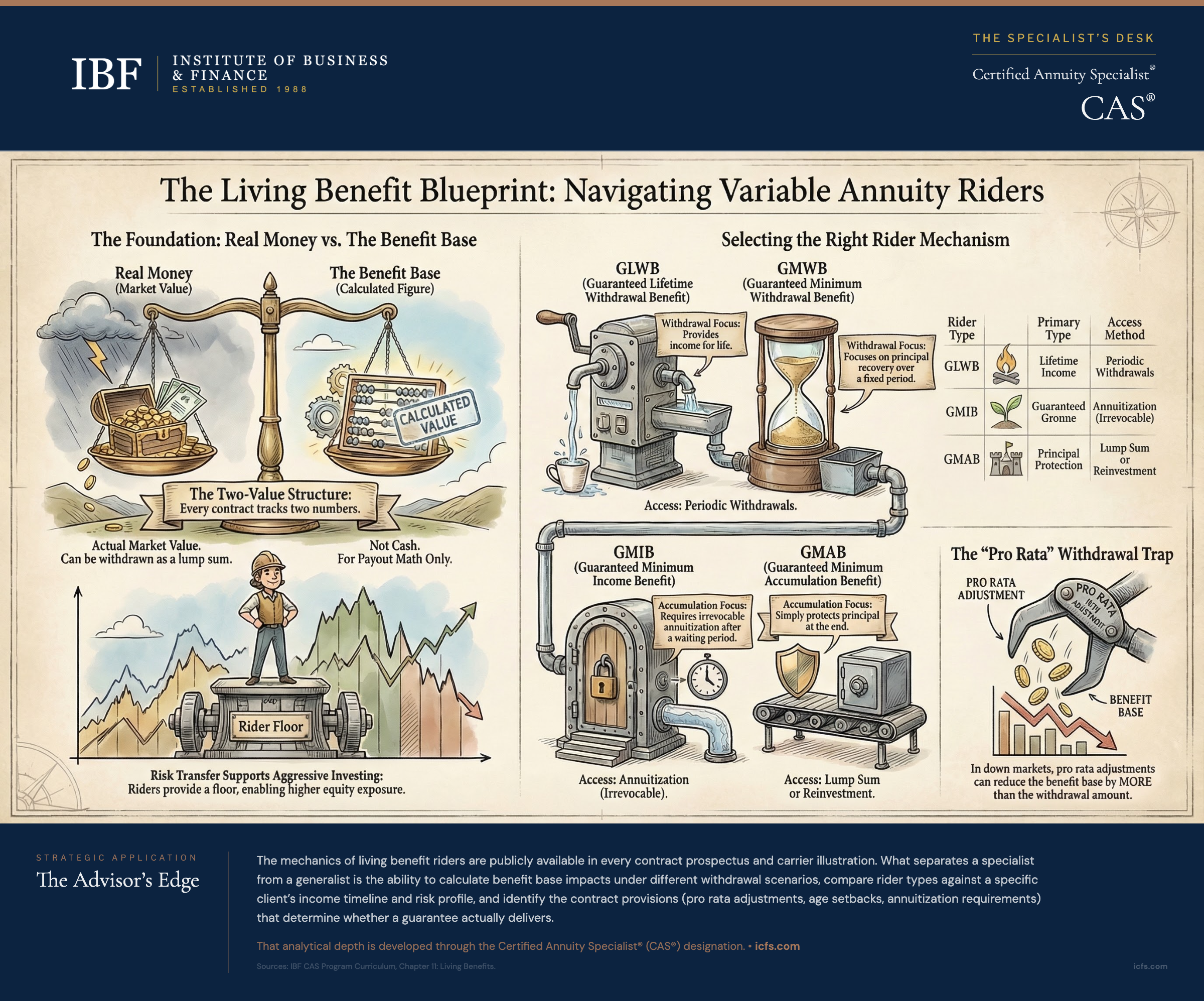 Infographic comparing four variable annuity living benefit rider types: GMWB, GLWB, GMIB, and GMAB, with the two-value structure, withdrawal mechanics, and pro rata adjustment example