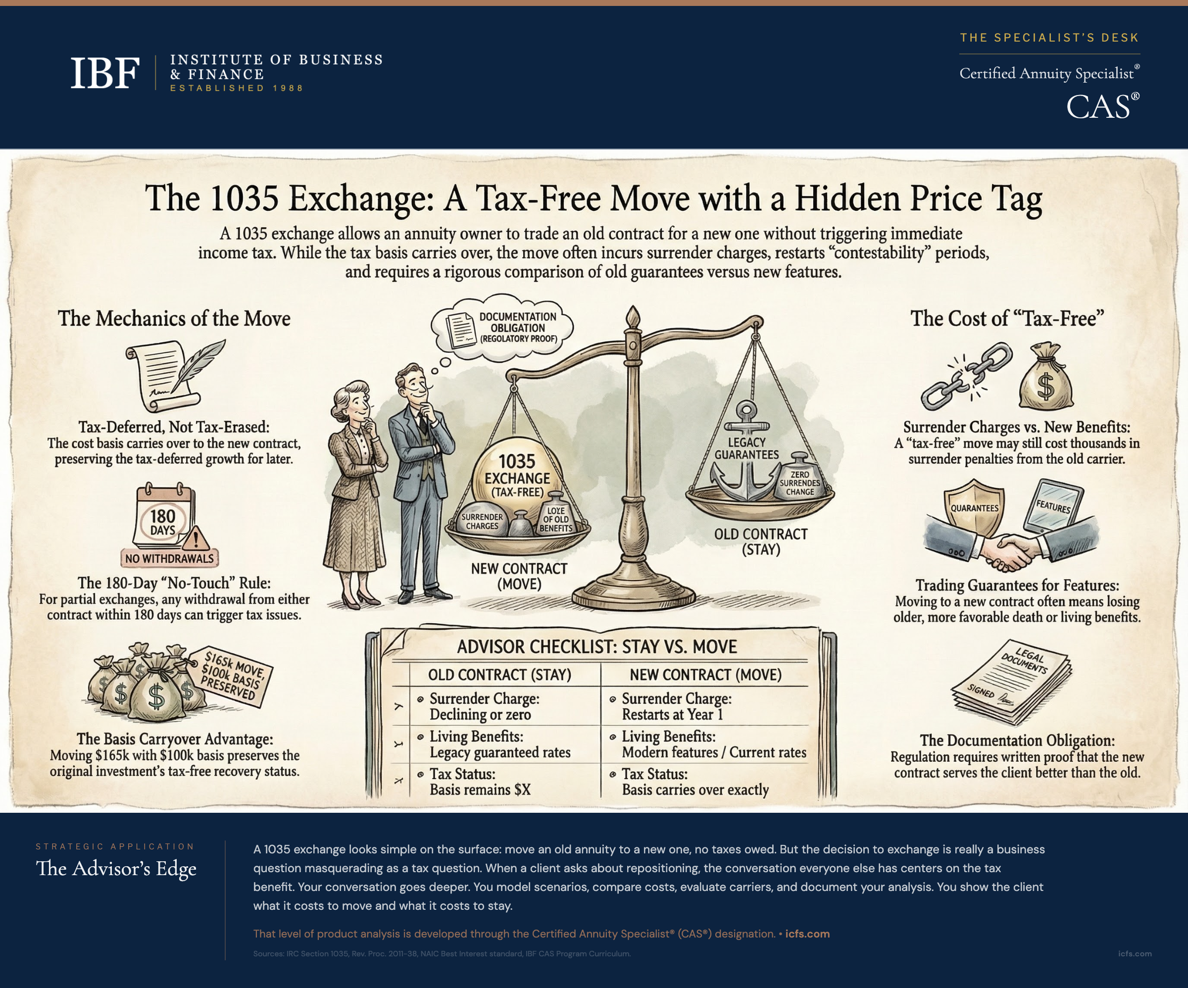 Illustrated guide to 1035 exchange costs showing the mechanics of basis carryover, the 180-day no touch rule for partial exchanges, a quick checklist for when exchanges make sense, surrender charge analysis, features versus fees comparison, and NAIC documentation obligations