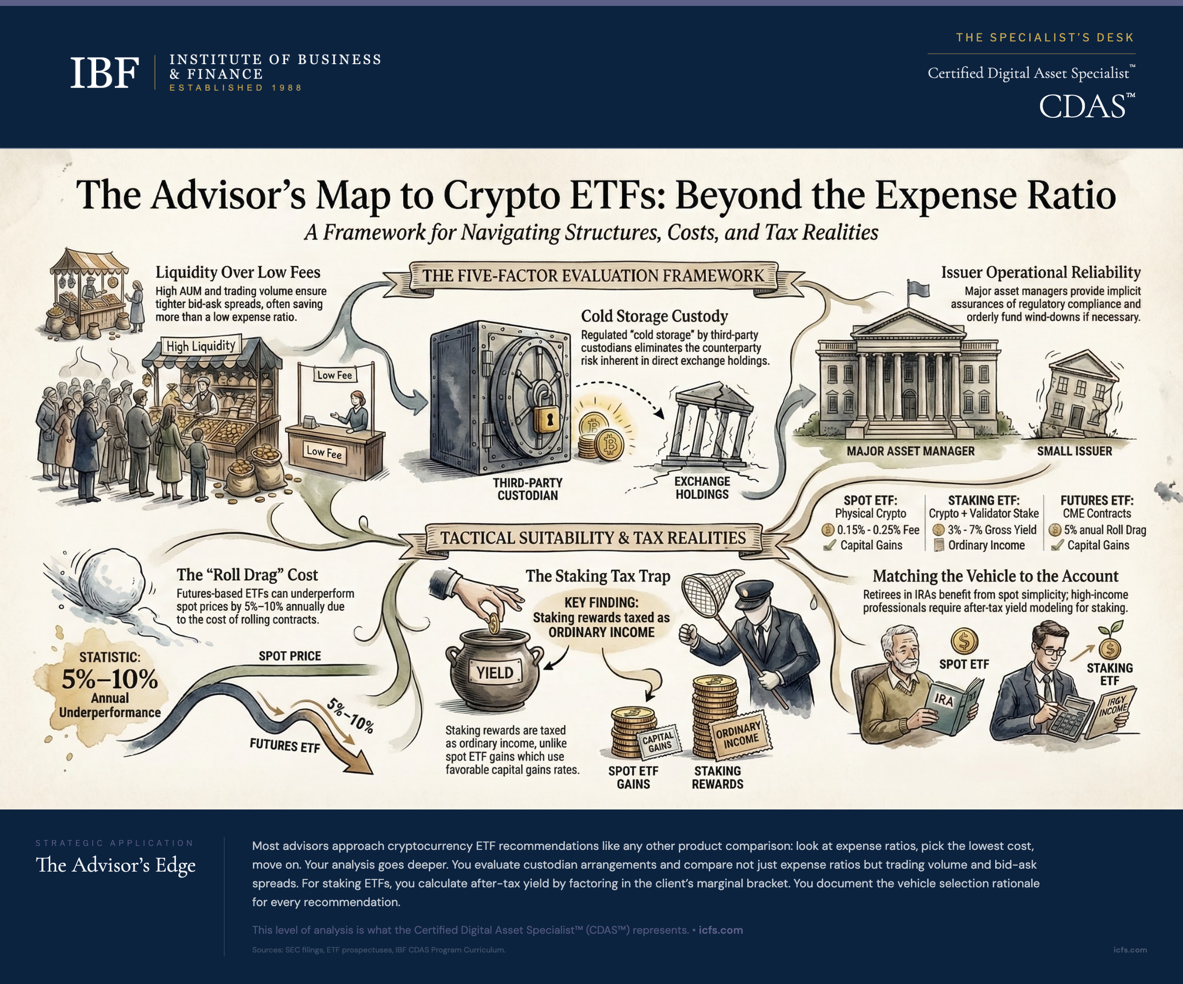 Comparison chart of spot Bitcoin ETFs, spot Ethereum ETFs, and staking ETFs with columns for custody model, expense ratio, tracking methodology, and suitability considerations