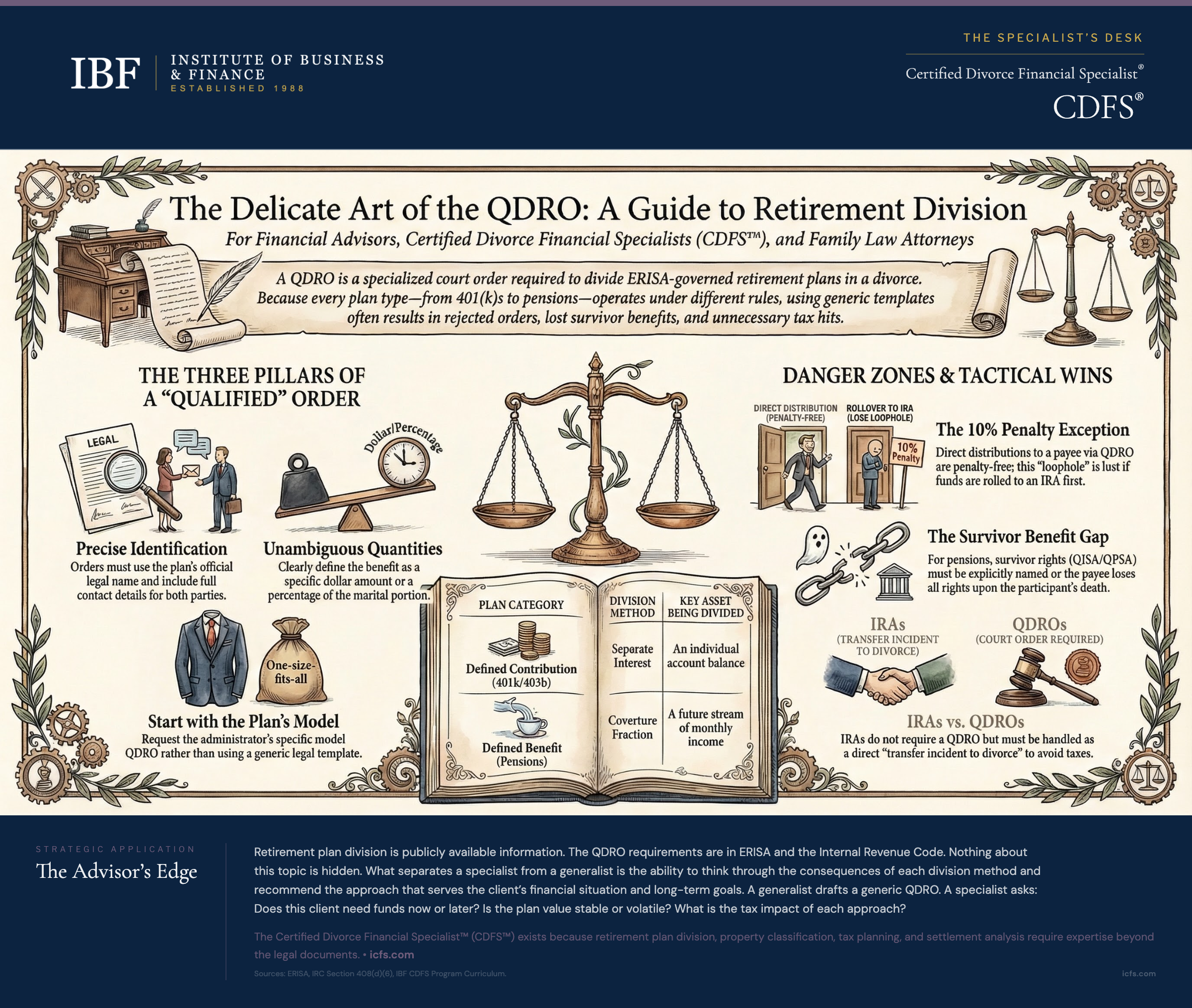 Illustrated guide to QDROs showing the three pillars of a qualified order including precise identification, unambiguous quantities, and plan-model alignment, danger zones including the 10% penalty exception and survivor benefit gap, and the difference between defined benefit and defined contribution plan division mechanics