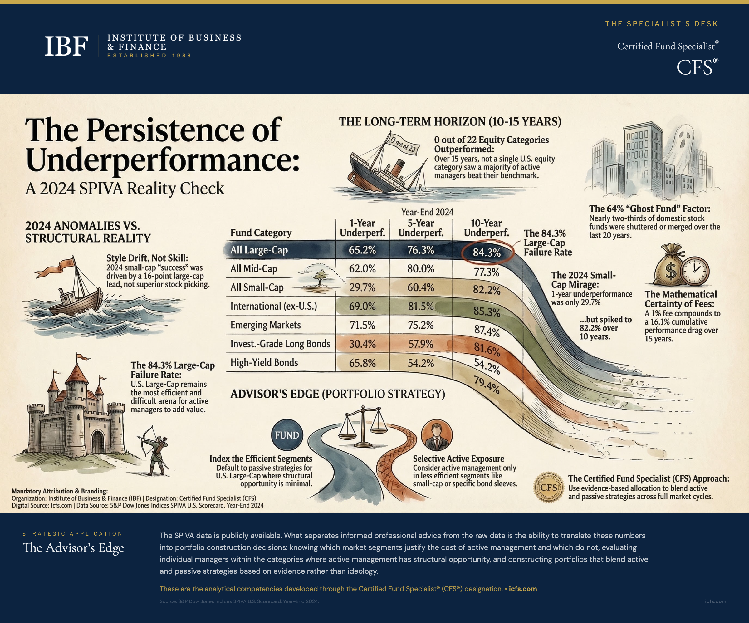 Infographic showing SPIVA scorecard data with active manager underperformance rates across fund categories at 1-year, 5-year, and 10-year horizons, the 2024 small-cap anomaly driven by style drift versus long-term structural reality, the 84.3% large-cap failure rate, the ghost fund factor showing two-thirds of domestic stock funds merged or closed over 20 years, and the advisor's edge portfolio strategy for blending active and passive approaches