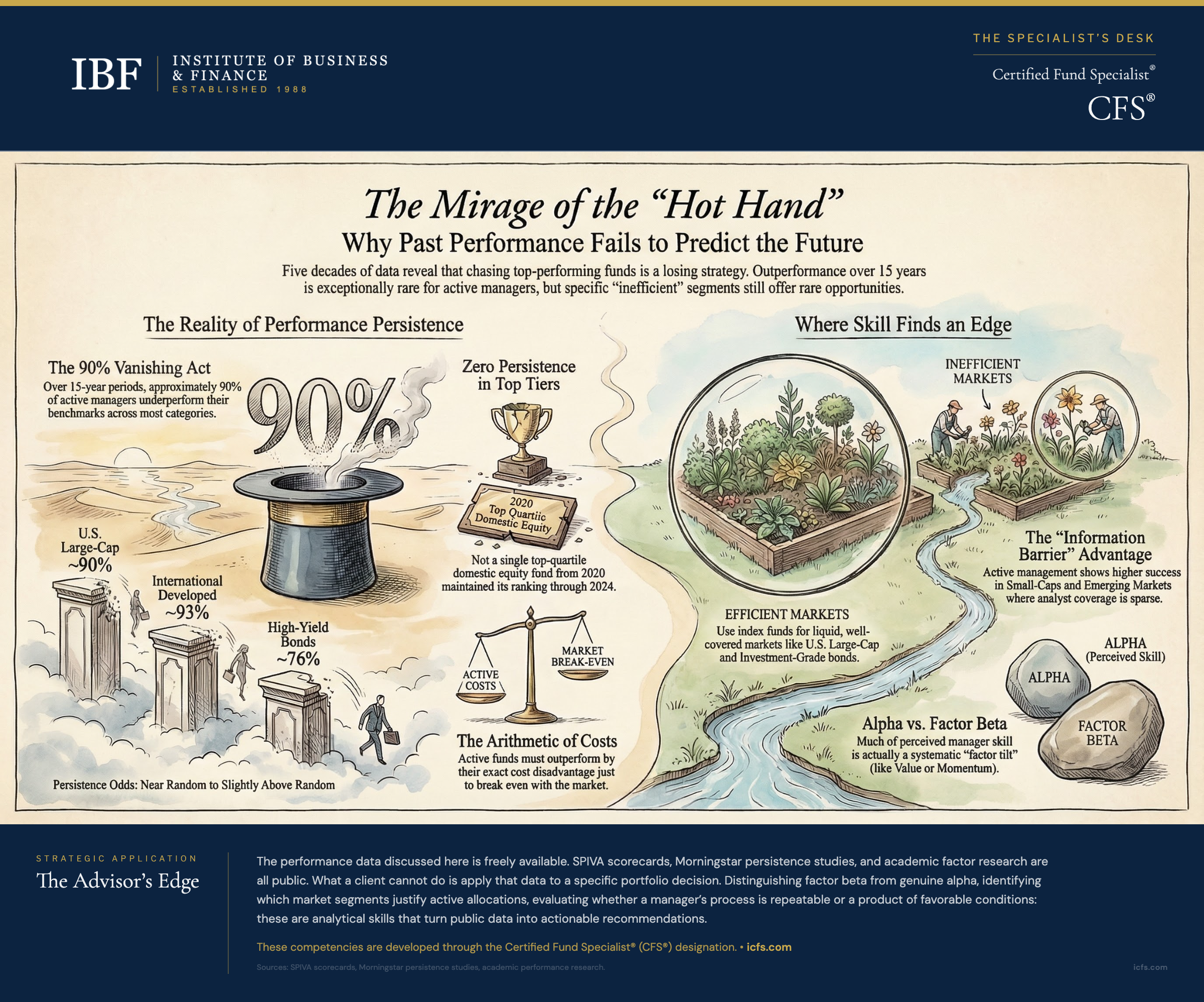 Illustrated guide to performance persistence showing the 90% vanishing act where active managers underperform over 15-year periods, zero persistence in top-tier quartile rankings, the arithmetic of costs that active funds must overcome to break even, the information barrier advantage in inefficient markets like small-caps and emerging markets, and the alpha versus factor beta distinction for separating genuine skill from style exposure