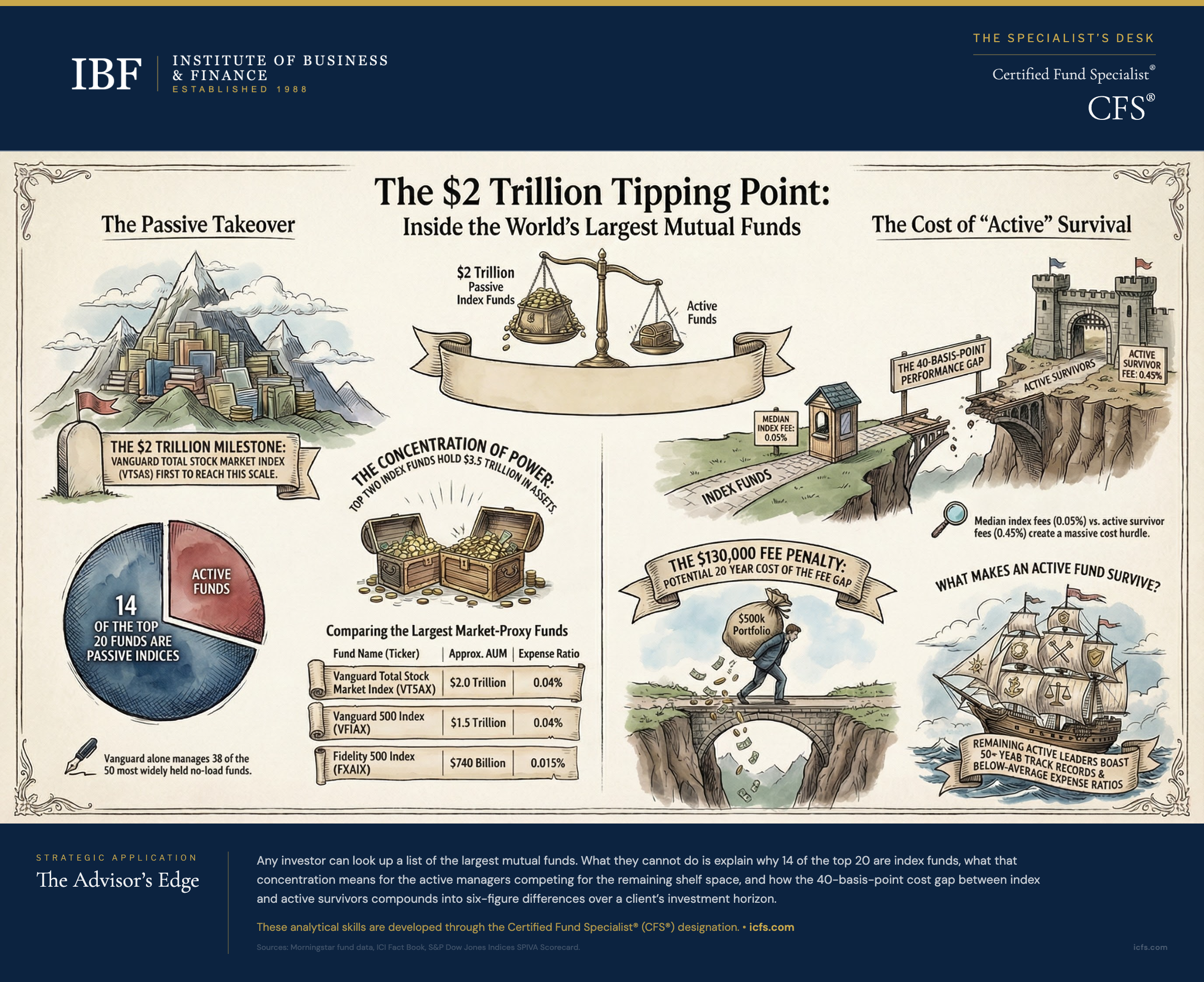 Infographic showing the $2 trillion tipping point in the mutual fund industry: 14 of the top 20 funds are passive index funds, the concentration of power with the top 10 firms holding over $33 trillion, the 40-basis-point fee gap between index and active survivors creating a $130,000 penalty over 30 years, and what makes an active fund survive