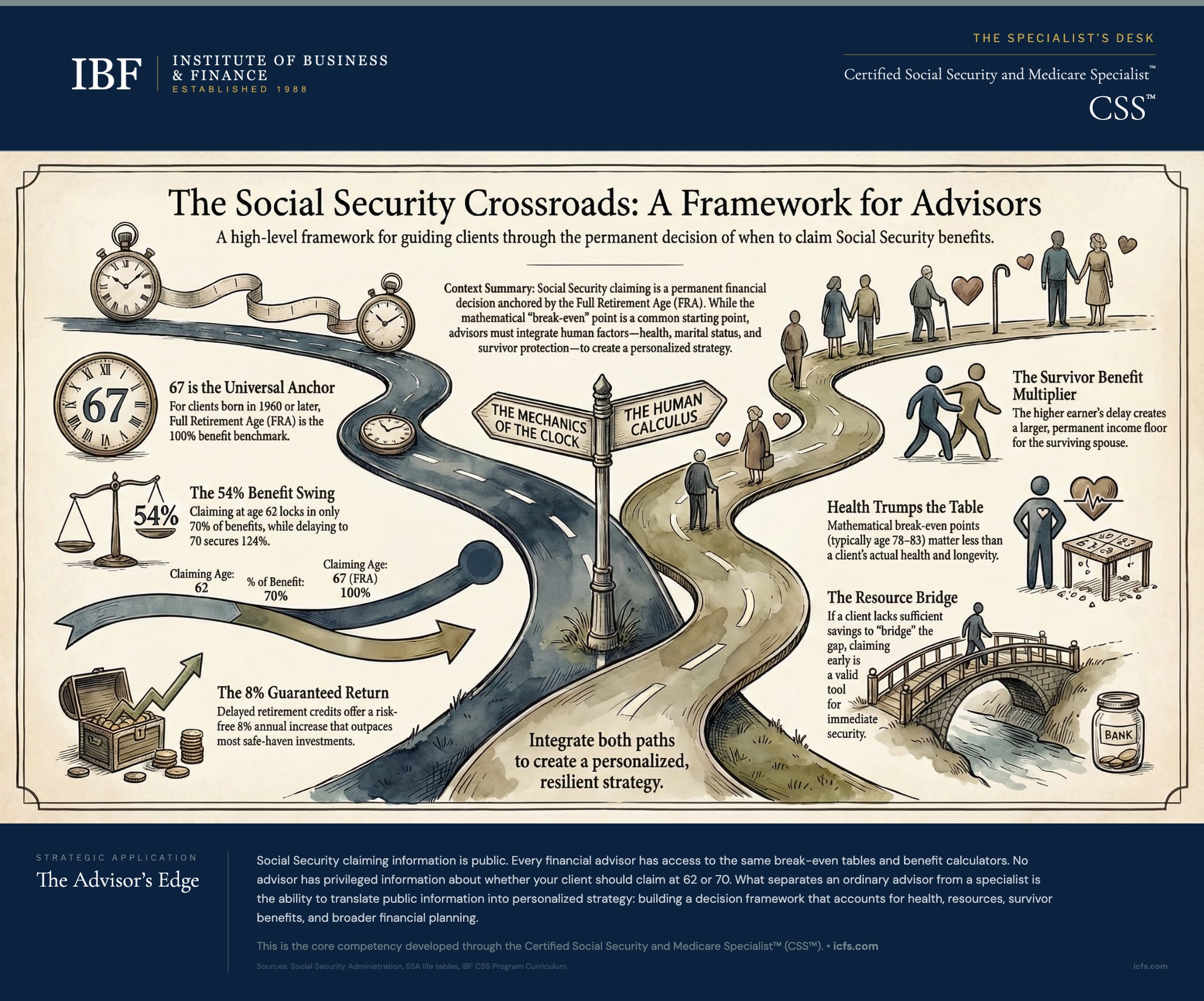 Illustrated guide to Social Security claiming decisions showing benefit reduction and delayed retirement credits, break-even analysis, health and resource factors, survivor benefit considerations, and a personalized claiming decision framework