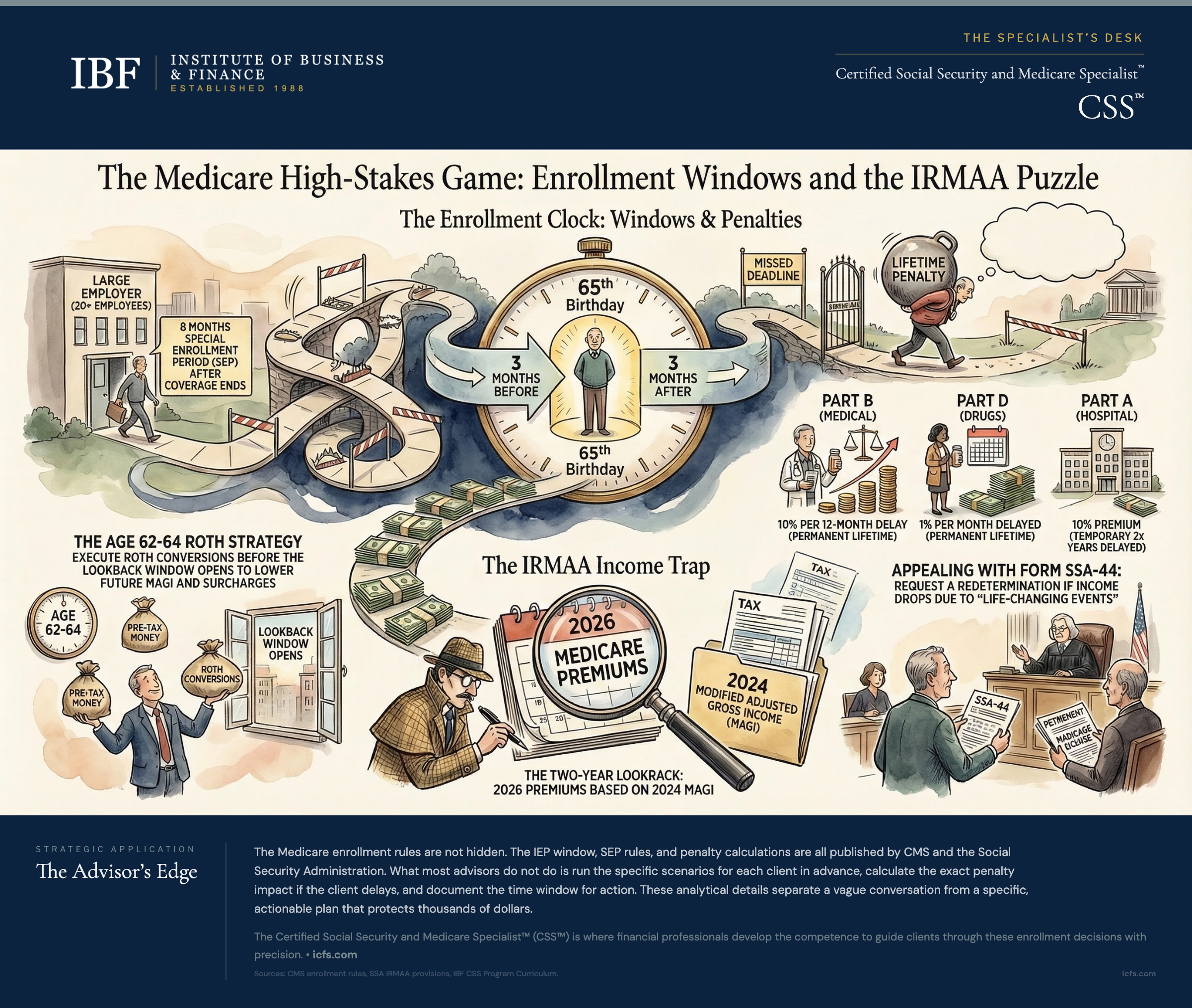 Illustrated guide to Medicare enrollment windows and IRMAA showing the enrollment clock around the 65th birthday, Part B and Part D late enrollment penalties, the age 62-64 Roth strategy for managing the two-year lookback, the IRMAA income trap with 2026 premiums based on 2024 income, and the Form SSA-44 appeal process for life-changing events