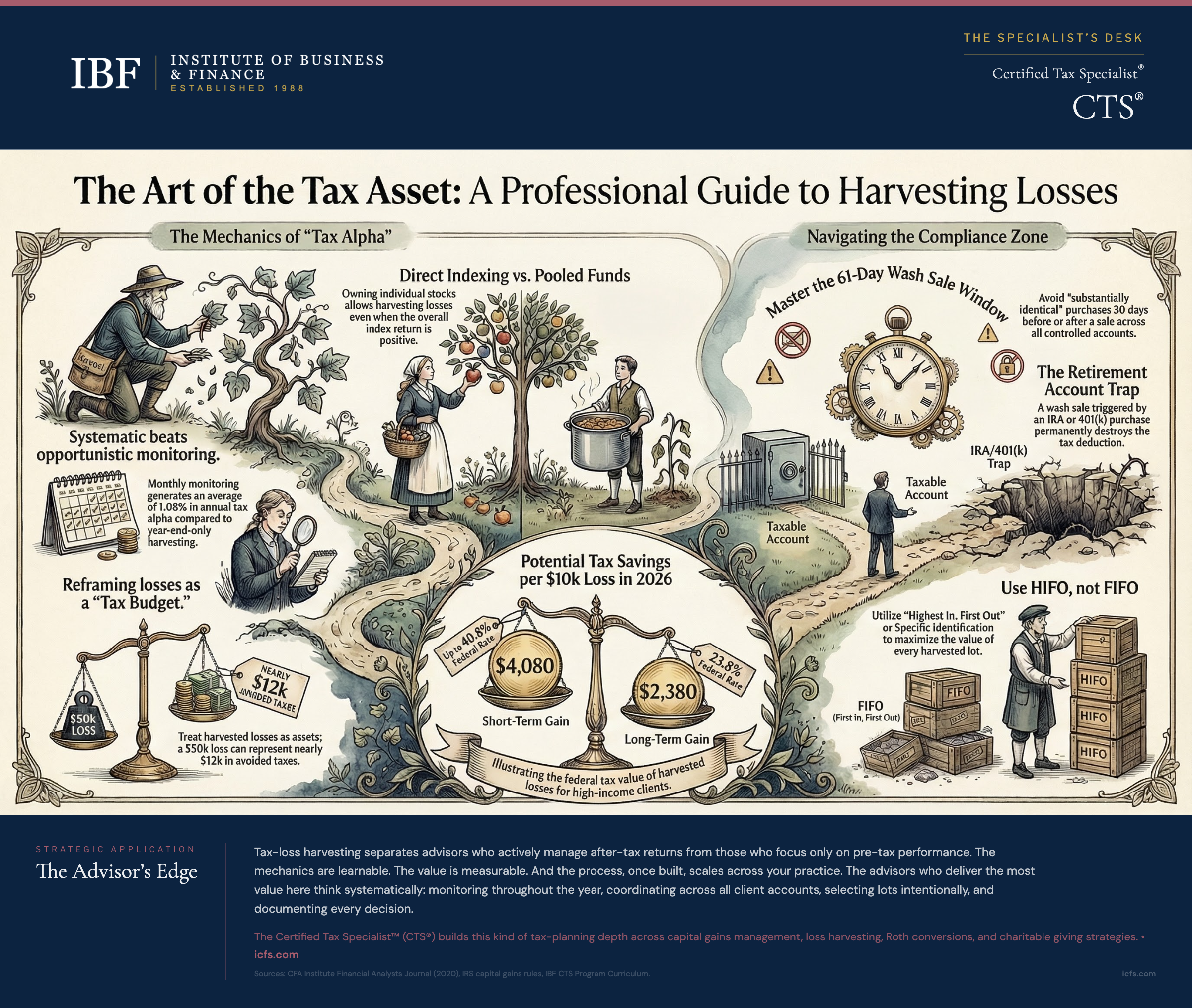 Illustrated guide to tax-loss harvesting showing systematic versus opportunistic harvesting approaches, wash sale rule compliance, direct indexing mechanics, and lot selection strategies