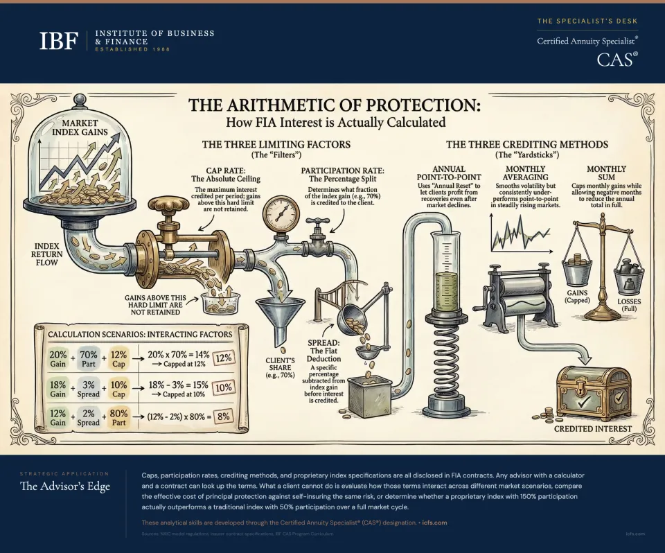 Infographic showing FIA crediting mechanics: three limiting factors (cap rate, participation rate, spread) that reduce credited interest, three crediting methods (annual point-to-point, monthly averaging, monthly sum) that determine how index gains are measured, a comparison bar illustrating where return gets absorbed between full index return and credited interest, and three insight cards covering the cap rate trap, proprietary index risks, and client conversation framing.
