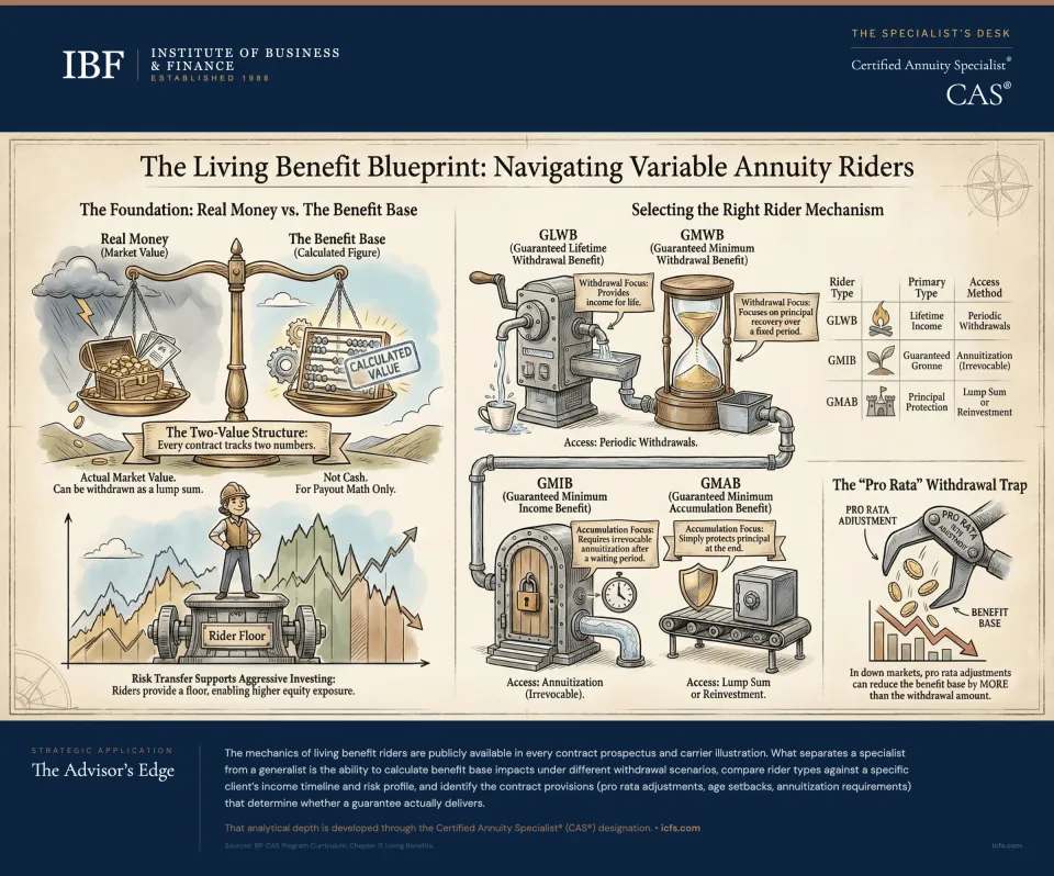 Infographic comparing four variable annuity living benefit rider types: GMWB, GLWB, GMIB, and GMAB, with the two-value structure, withdrawal mechanics, and pro rata adjustment example