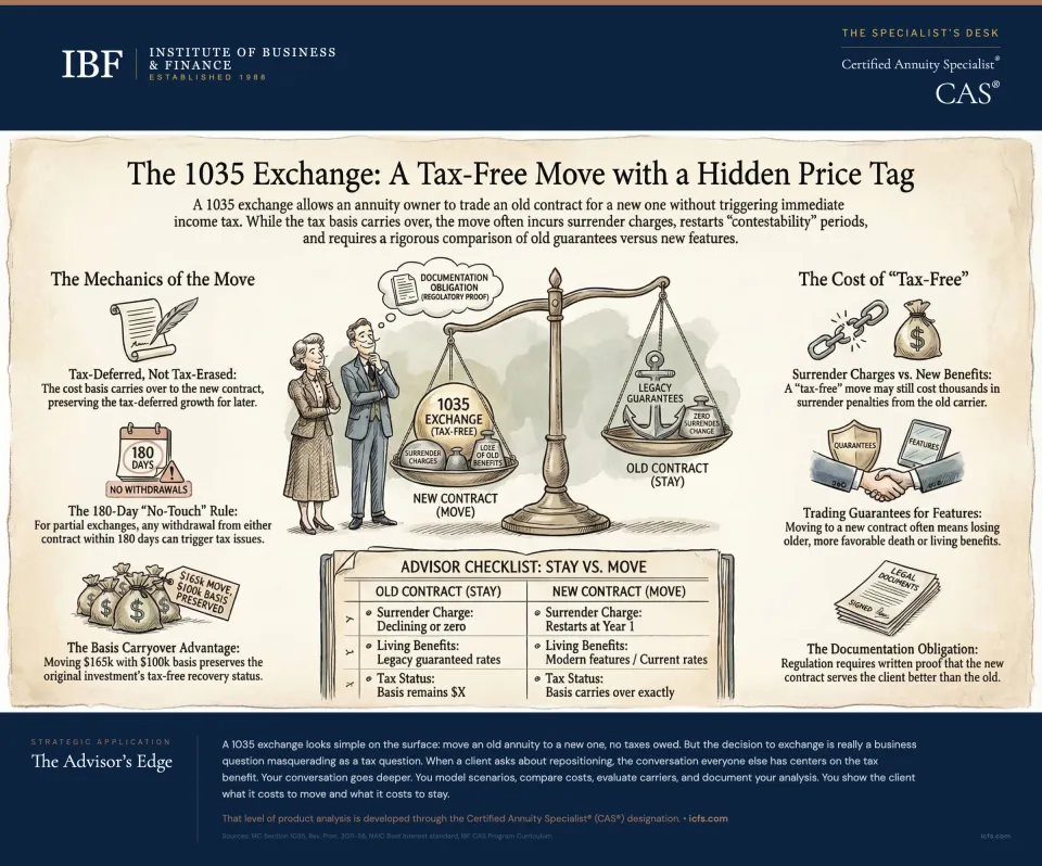Illustrated guide to 1035 exchange costs showing the mechanics of basis carryover, the 180-day no touch rule for partial exchanges, a quick checklist for when exchanges make sense, surrender charge analysis, features versus fees comparison, and NAIC documentation obligations