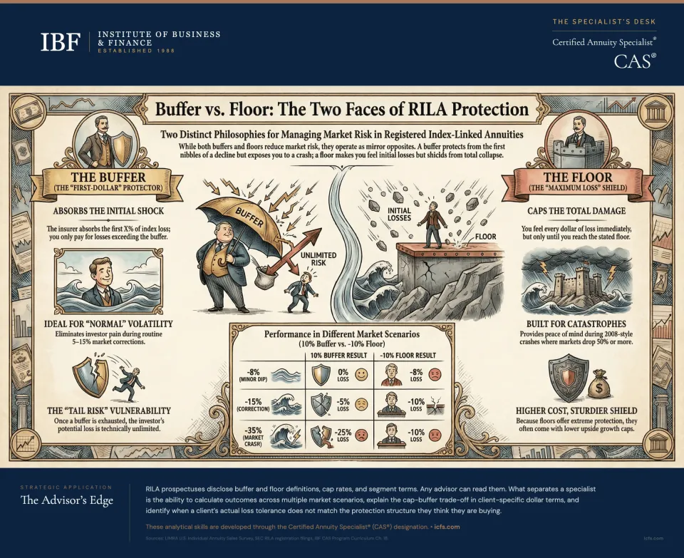 Infographic showing FIA crediting mechanics: three limiting factors (cap rate, participation rate, spread) that reduce credited interest, three crediting methods (annual point-to-point, monthly averaging, monthly sum) that determine how index gains are measured, a comparison bar illustrating where return gets absorbed between full index return and credited interest, and three insight cards covering the cap rate trap, proprietary index risks, and client conversation framing.