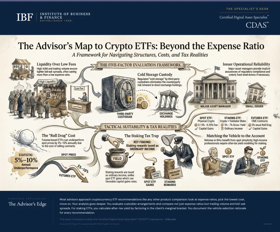 Comparison chart of spot Bitcoin ETFs, spot Ethereum ETFs, and staking ETFs with columns for custody model, expense ratio, tracking methodology, and suitability considerations