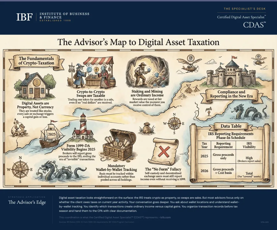 Chart showing digital asset taxable events (sales, exchanges, staking rewards, airdrops), cost basis methods (FIFO, LIFO, HIFO, Specific ID), and the Form 1099-DA reporting timeline with phase-in dates 2025-2027