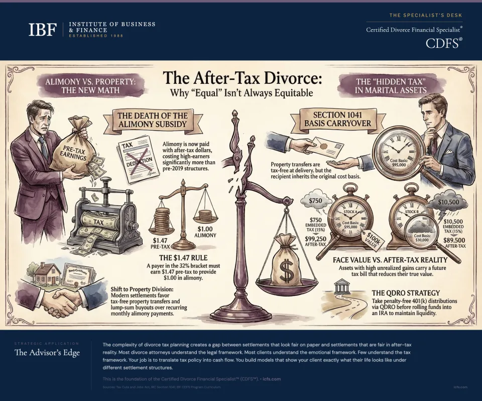 Illustrated guide to after-tax divorce planning showing the death of the alimony subsidy after 2017, the $1.47 rule for pre-tax to after-tax conversion, Section 1041 basis carryover mechanics, face value versus after-tax reality for marital assets with embedded gains, and the QDRO strategy for penalty-free 401(k) distributions