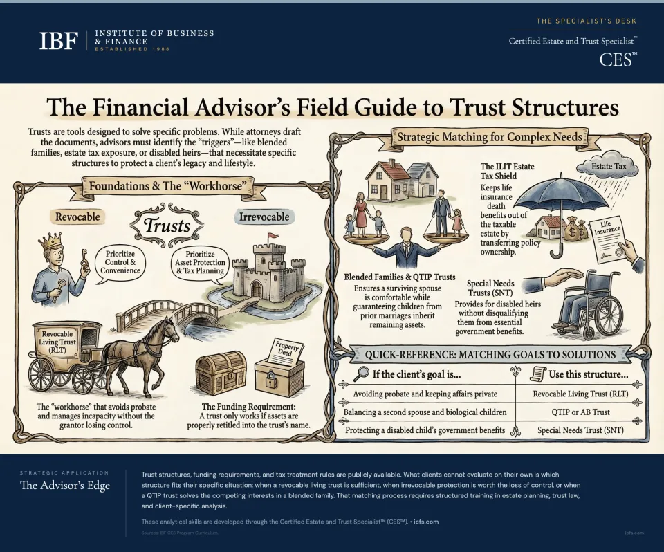Illustrated guide to trust structures showing revocable living trusts, irrevocable trusts, QTIP trusts for blended families, special needs trusts, ILITs for estate tax shielding, and a quick-reference matching chart for client goals to trust types