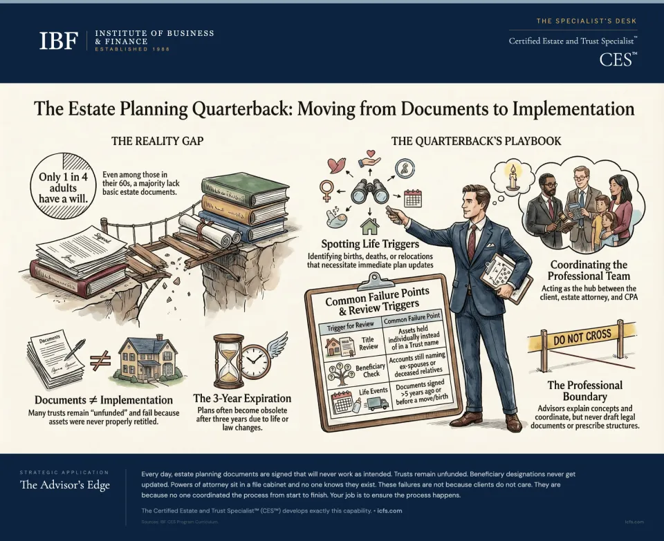Illustrated guide to the financial advisor as estate planning quarterback, showing the reality gap between documents and implementation, life trigger review points, common failure points like unfunded trusts and outdated beneficiary designations, professional team coordination, and the professional boundary rule