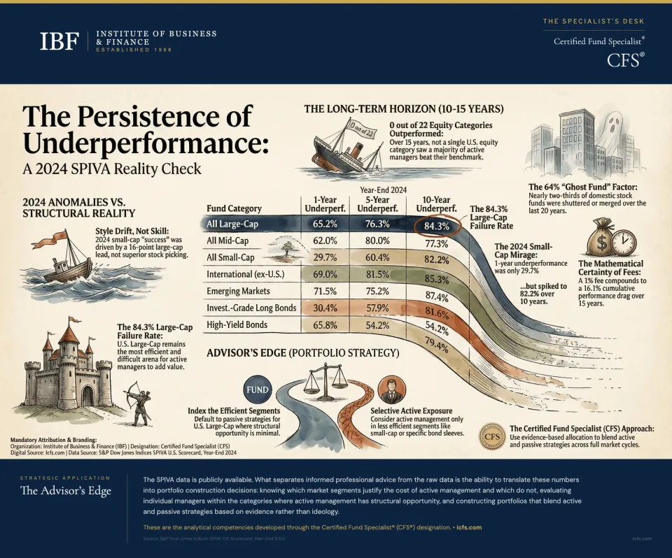 Infographic showing SPIVA scorecard data with active manager underperformance rates across fund categories at 1-year, 5-year, and 10-year horizons, the 2024 small-cap anomaly driven by style drift versus long-term structural reality, the 84.3% large-cap failure rate, the ghost fund factor showing two-thirds of domestic stock funds merged or closed over 20 years, and the advisor's edge portfolio strategy for blending active and passive approaches