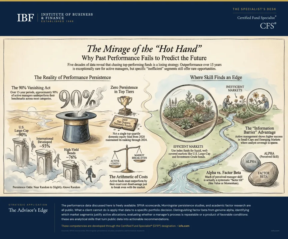 Illustrated guide to performance persistence showing the 90% vanishing act where active managers underperform over 15-year periods, zero persistence in top-tier quartile rankings, the arithmetic of costs that active funds must overcome to break even, the information barrier advantage in inefficient markets like small-caps and emerging markets, and the alpha versus factor beta distinction for separating genuine skill from style exposure