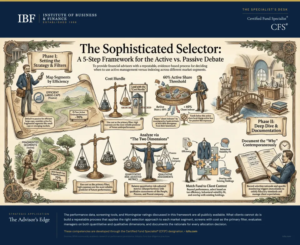 Infographic showing IBF's five-step fund selection framework: map segments to active or passive approaches, screen with cost as a primary filter, analyze quantitative and qualitative dimensions, match fund to client circumstances, and document everything. Includes sidebar statistics on 15-year active manager underperformance rates, the 60 percent active share threshold, and cost gap impact.