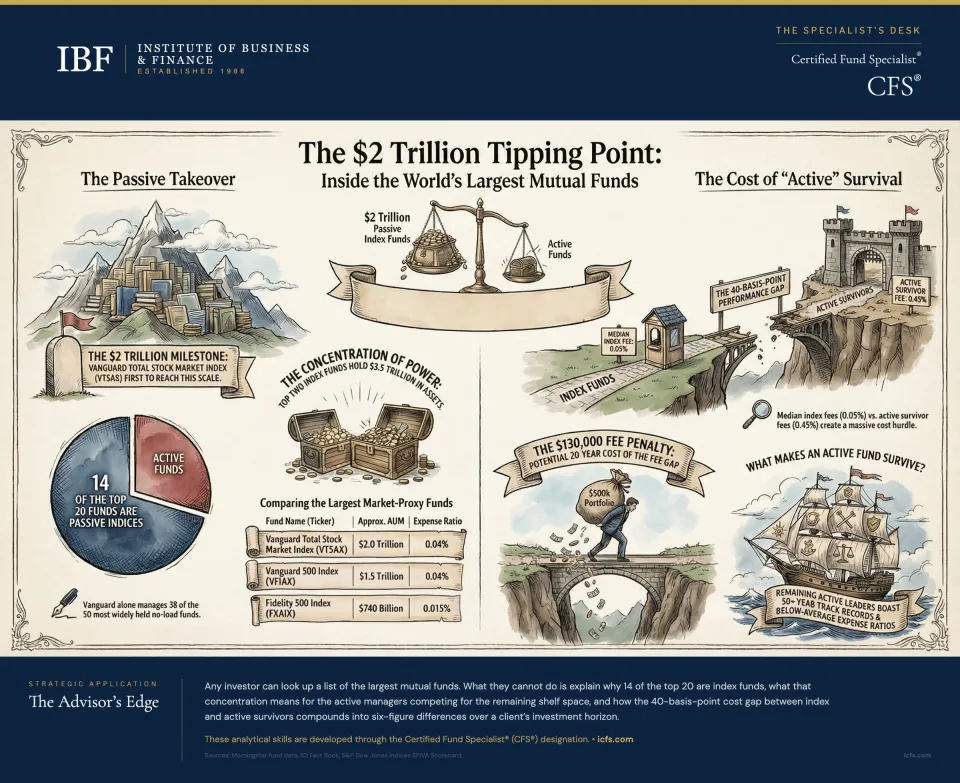 Infographic showing the $2 trillion tipping point in the mutual fund industry: 14 of the top 20 funds are passive index funds, the concentration of power with the top 10 firms holding over $33 trillion, the 40-basis-point fee gap between index and active survivors creating a $130,000 penalty over 30 years, and what makes an active fund survive