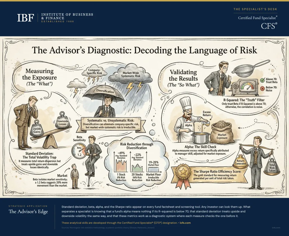 Infographic mapping the advisor's diagnostic framework for risk metrics: measuring exposure with standard deviation and beta, risk reduction through diversification from 49% at one stock to the 19-20% market floor, and validating results with R-squared as the truth filter, alpha as the skill check, and the Sharpe ratio as the efficiency score