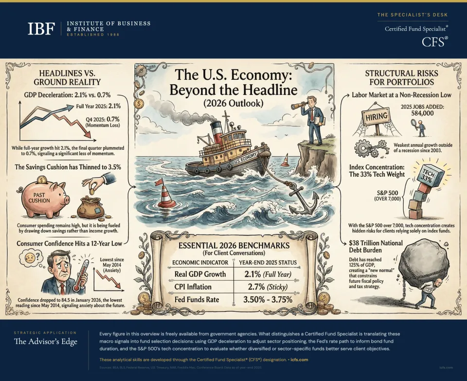 U.S. Economy at a Glance infographic showing 2025 year-end data for financial advisors: GDP deceleration from 2.1% full year to 0.7% in Q4, savings cushion thinned to 3.5%, consumer confidence at 12-year low of 84.5, labor market weakness at 584,000 jobs added, S&P 500 index concentration with 33% in tech, and $38 trillion national debt at 125% of GDP