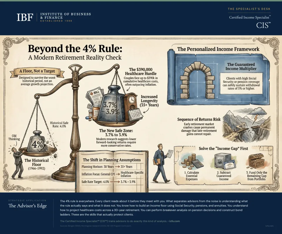 Illustrated guide to the 4% rule showing why it is a floor not a target, the new safe zone of 3.7% to 3.9% based on modern research, the $390,000 healthcare hurdle, the shift in planning assumptions from 30-year to 35-plus-year horizons, the personalized income framework with guaranteed income multiplier, sequence-of-returns risk impact, and the income gap approach to building retirement withdrawals