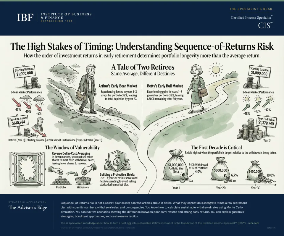 Illustrated comparison of two retirees with identical average returns but opposite sequences, showing how early bear market losses deplete a portfolio by year 27 while early bull market gains leave $800k after 30 years, the window of vulnerability in the first decade, reverse dollar-cost averaging mechanics, and the protective shield strategy using cash reserves and flexible spending