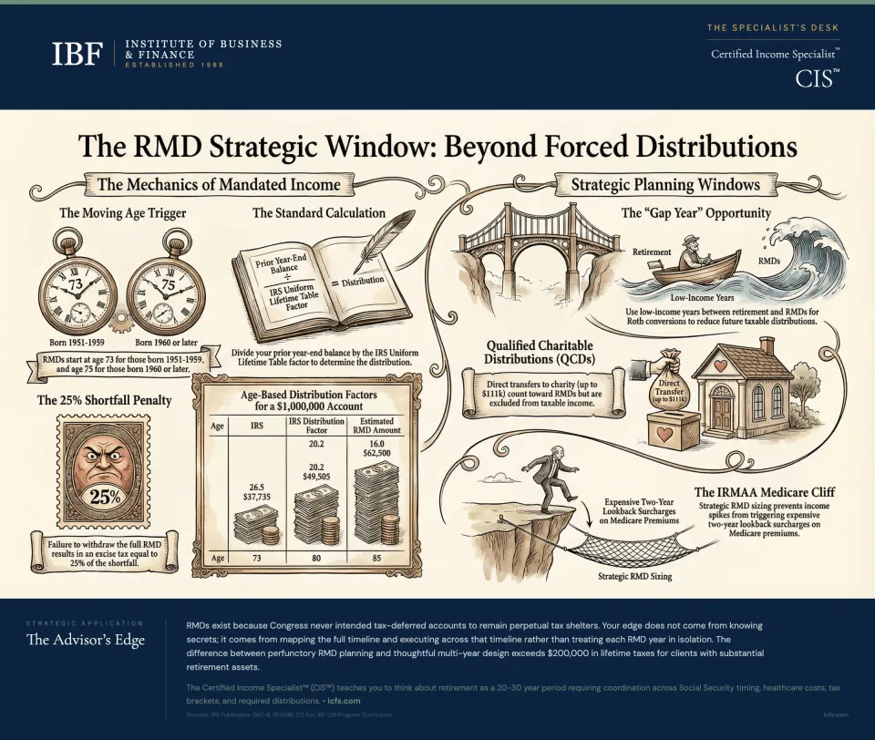 Illustrated guide to RMD strategy showing the moving age trigger at 73 or 75, the standard calculation using IRS Uniform Lifetime Table factors, the 25% shortfall penalty, age-based distribution factors for a $1 million account, the gap year Roth conversion opportunity between retirement and RMD start, qualified charitable distributions up to $111,000, and the IRMAA Medicare cliff from strategic RMD sizing