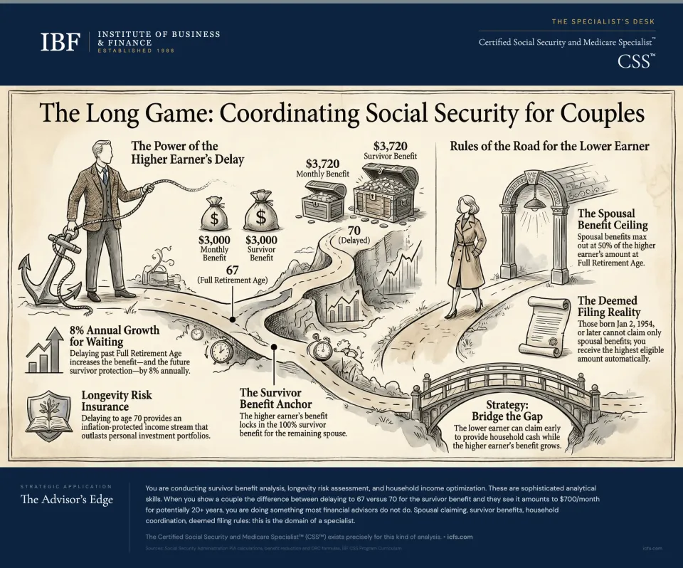 Illustrated guide to Social Security strategies for married couples showing spousal benefit calculations, survivor benefit optimization, coordinated claiming strategies, deemed filing rules, and household income maximization approaches