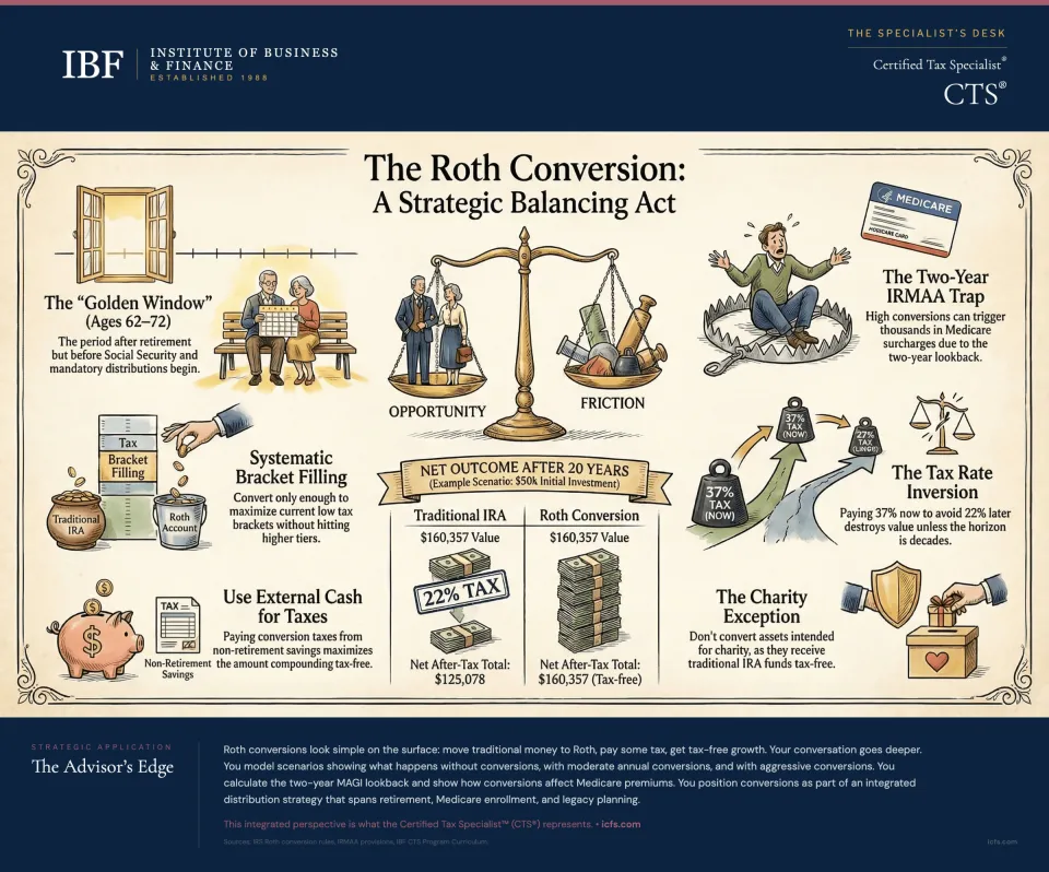 Illustrated guide to Roth conversion strategy showing the balance between paying taxes now versus later, the retirement income conversion window, bracket filling mechanics, and Medicare IRMAA impact