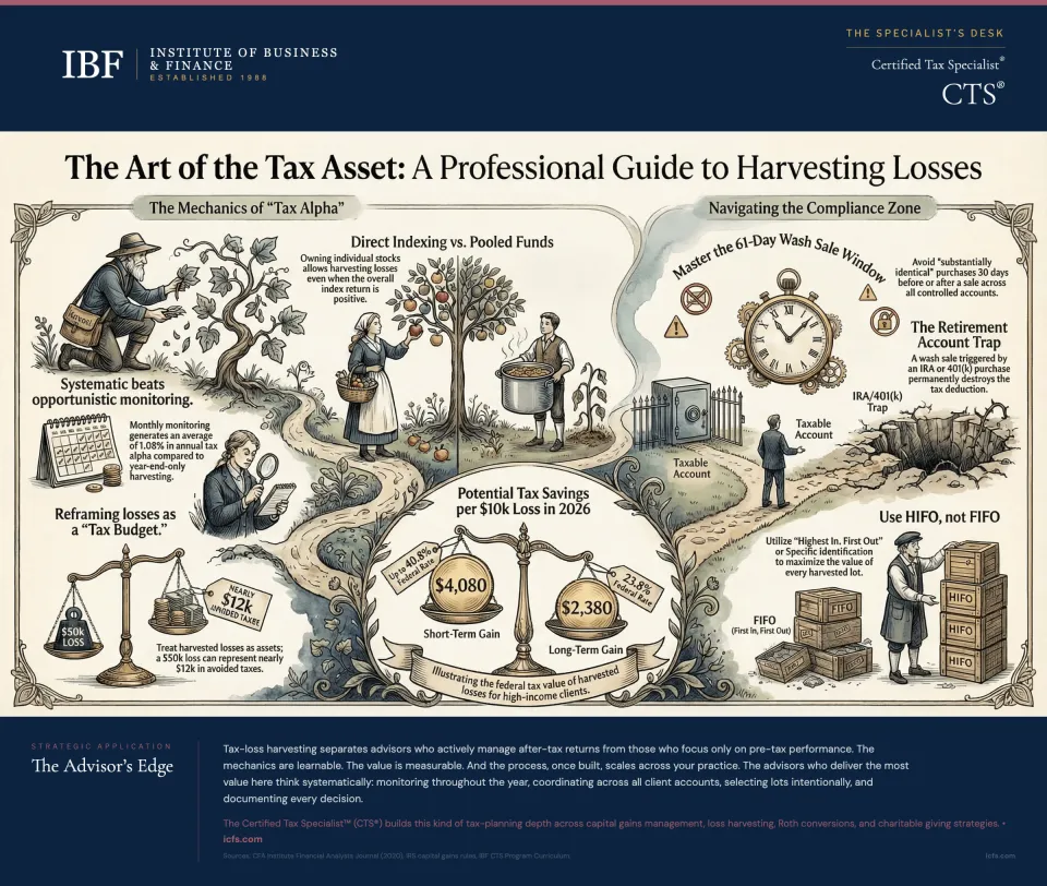 Illustrated guide to tax-loss harvesting showing systematic versus opportunistic harvesting approaches, wash sale rule compliance, direct indexing mechanics, and lot selection strategies